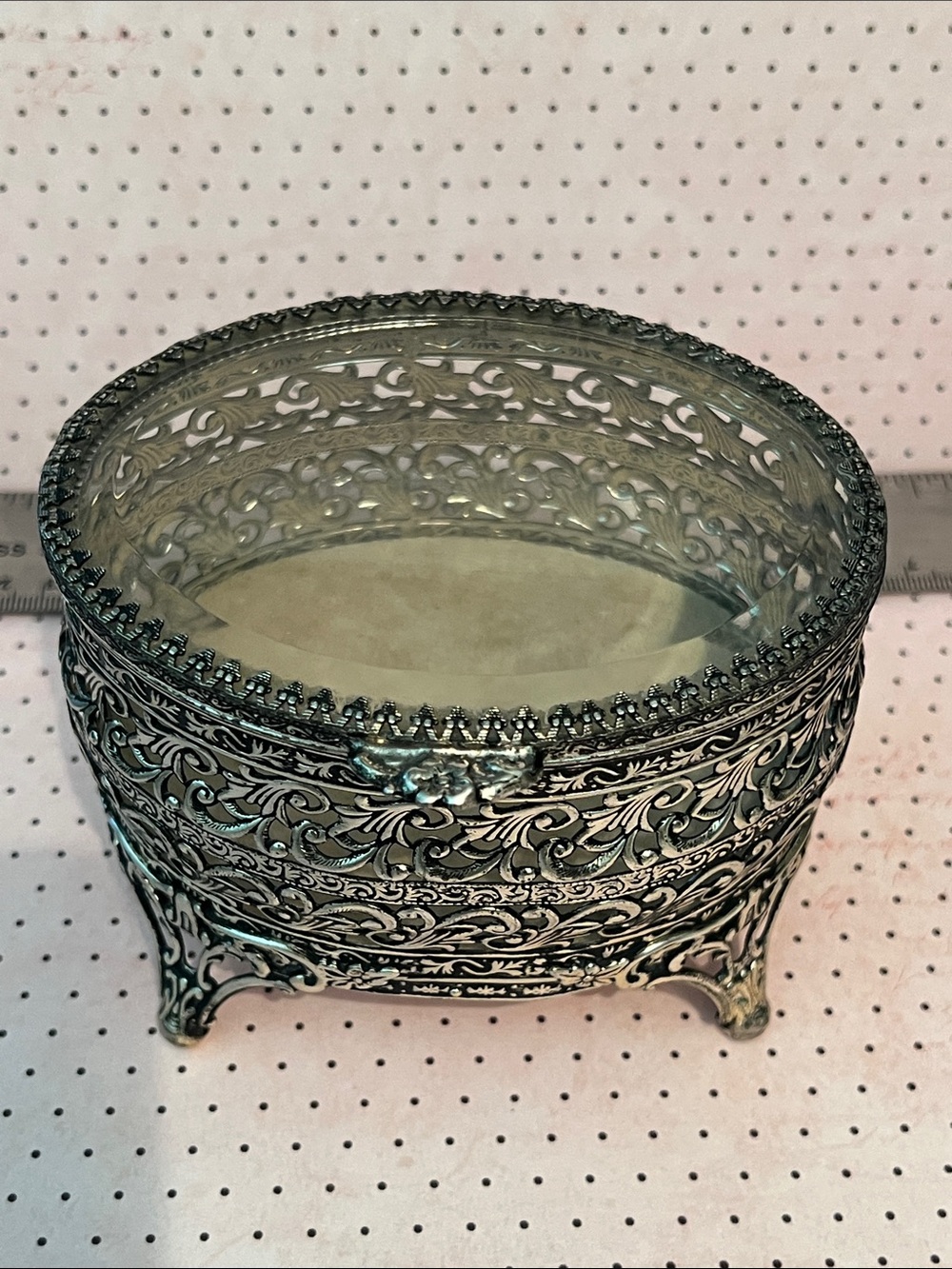 Vintage Ornate Silver Filigree Glass Footed Jewelry Trinket Box